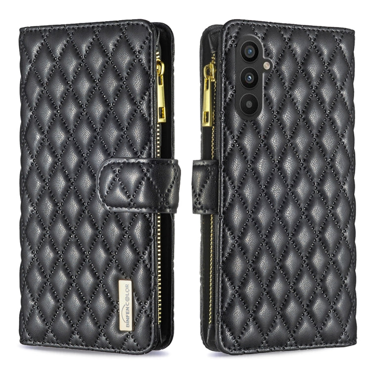 Black diamond-quilt leather flip wallet case with zipper, front flap and camera cutout