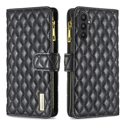 Black diamond-quilt leather flip wallet case with zipper, front flap and camera cutout