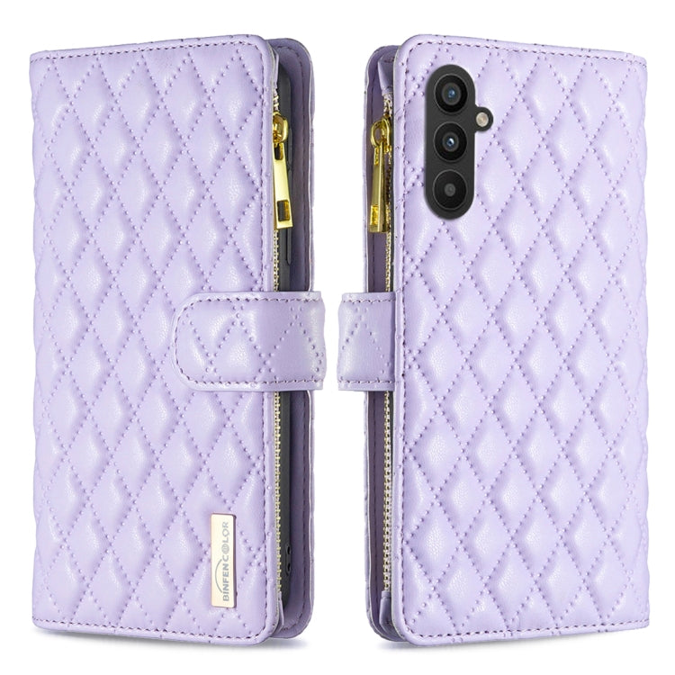 Purple diamond-quilt leather flip wallet case with zipper, front flap and camera cutout