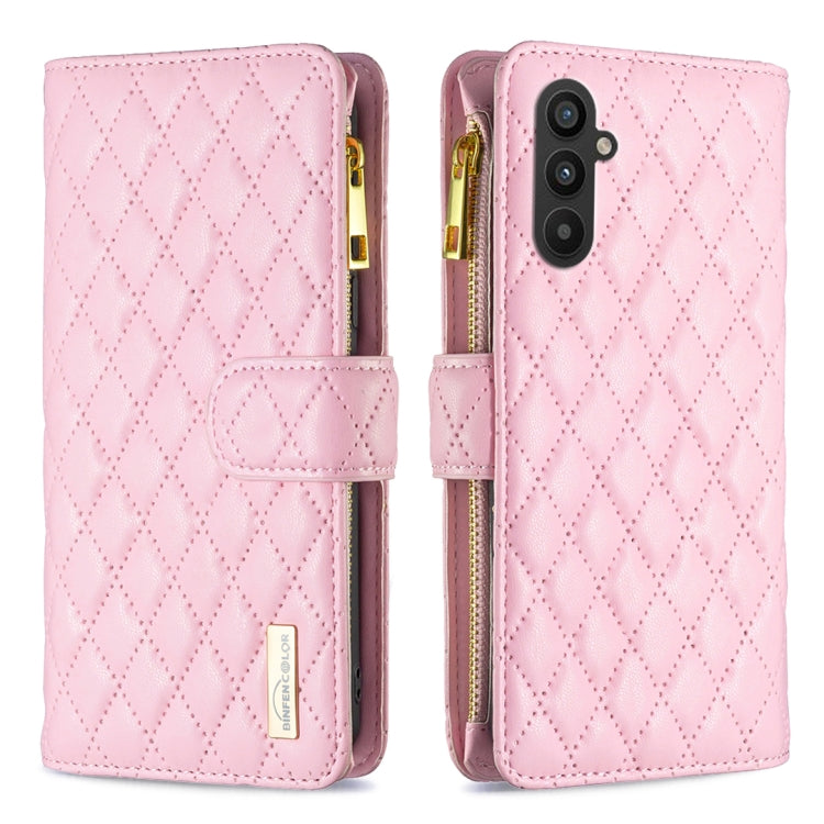 Pink diamond-quilt leather flip wallet case with zipper, front flap and camera cutout