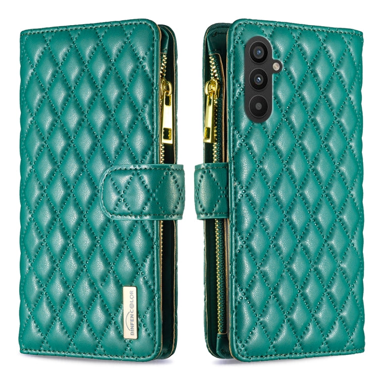 Teal-green leather flip phone case with diamond lattice texture, zipper, and card slot