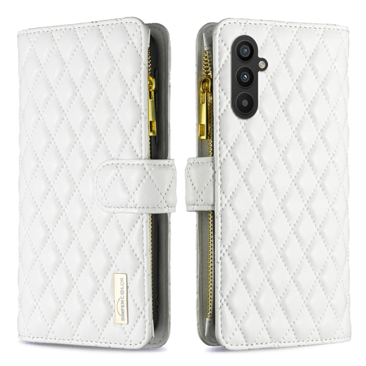White leather flip phone case with diamond lattice texture, zipper, and card slot
