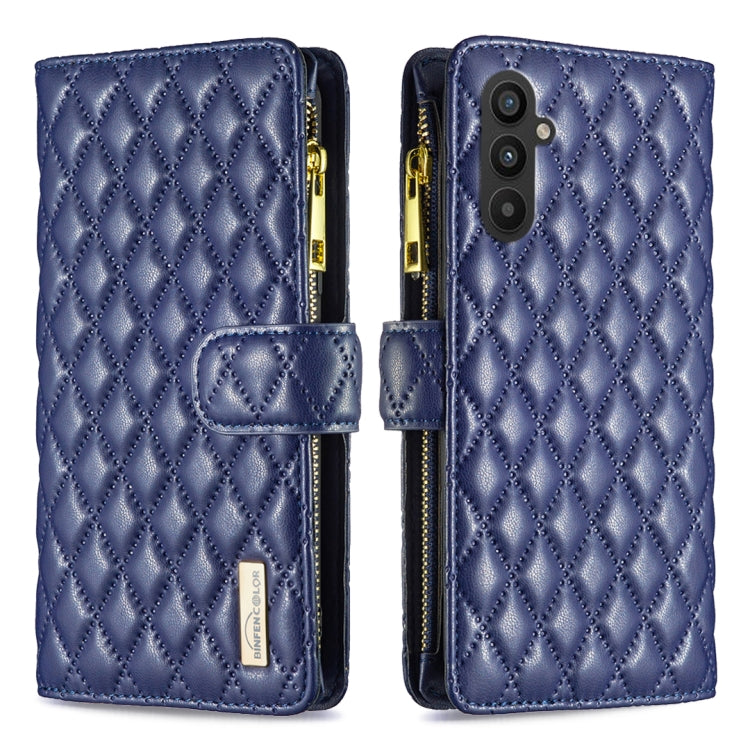 Blue leather flip phone case with diamond lattice texture, zipper, and card slot