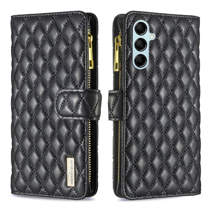 Black leather flip phone case with diamond lattice texture, zipper, and card slot
