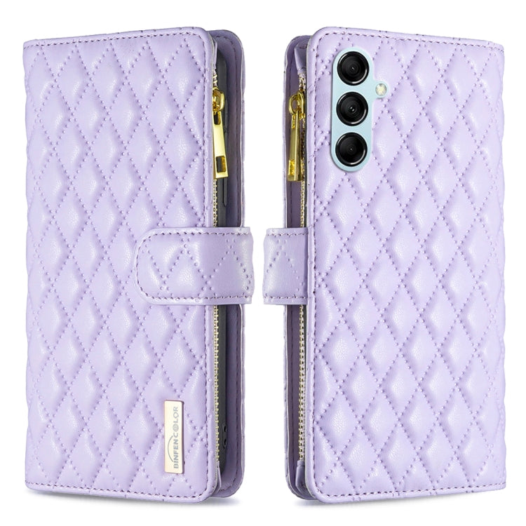 Light purple leather flip phone case with diamond lattice texture, zipper, and card slot