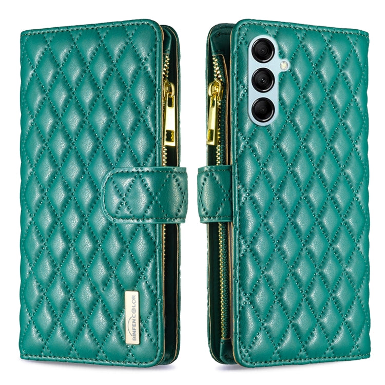 Teal-green folio phone case with diamond lattice embossing, zipper closure, and card slot