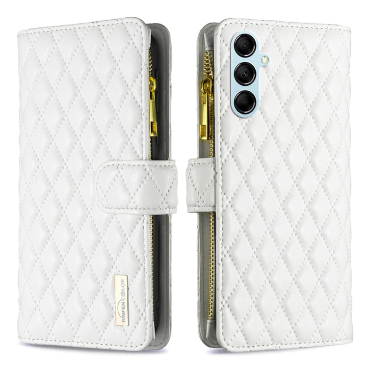 White folio phone case with diamond lattice embossing, zipper closure, and card slot