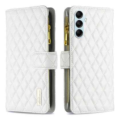 White folio phone case with diamond lattice embossing, zipper closure, and card slot