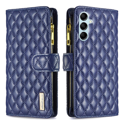 Navy blue folio phone case with diamond lattice embossing, zipper closure, and card slot