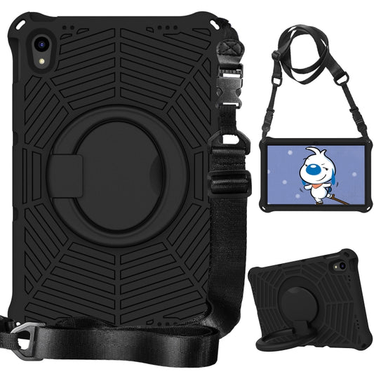 Black silicone tablet case with circular grip, shoulder strap, and kickstand stand