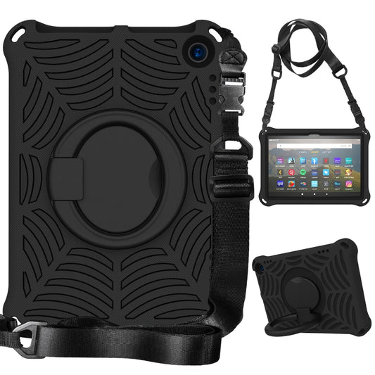 Black silicone tablet protective case with spider web texture, shoulder strap, and stand