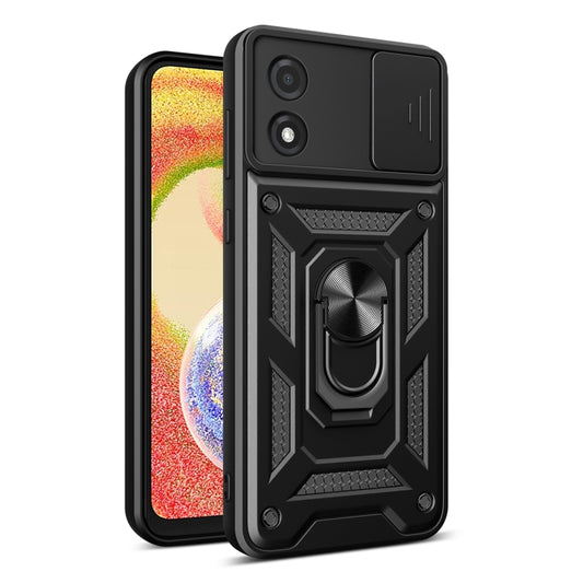 Rugged phone case with sliding camera cover, black with textured armor accents