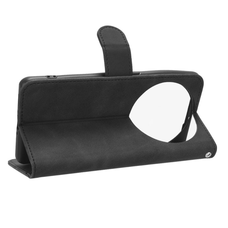 Black magnetic flip leather phone case with viewing stand and strap closure