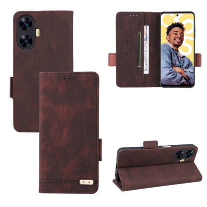 Brown leather phone case with magnetic clasp, flip cover and camera cutout.