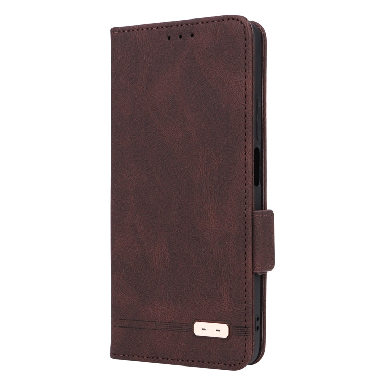 Brown leather flip phone case with magnetic clasp and side button cutouts.