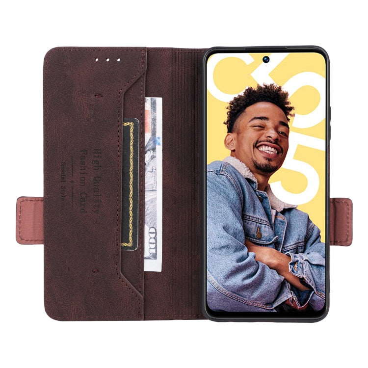 Brown leather flip phone case with magnetic clasp, card slot pocket, and screen cover.
