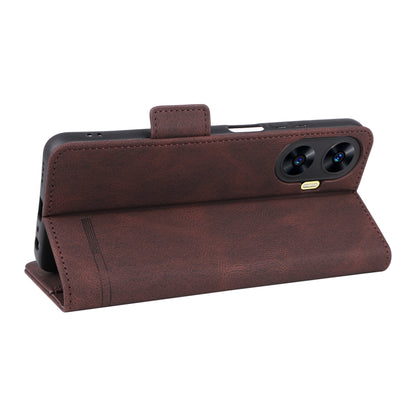 Brown leather phone case with magnetic clasp, kickstand-style fold, and camera cutout.