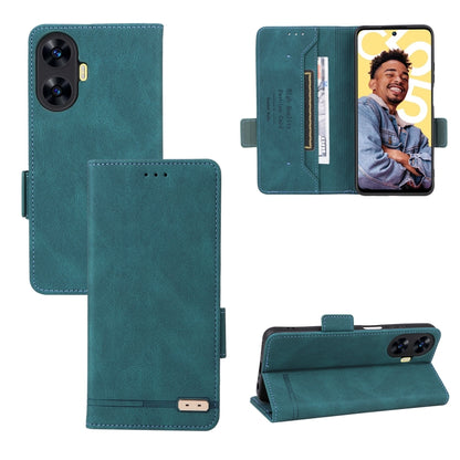 Teal leather phone case with magnetic clasp, flip cover, and camera cutout.