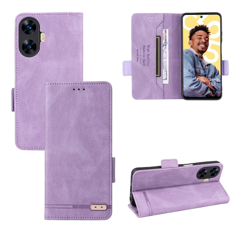 Purple leather phone case with magnetic clasp, flip cover, and camera cutout.
