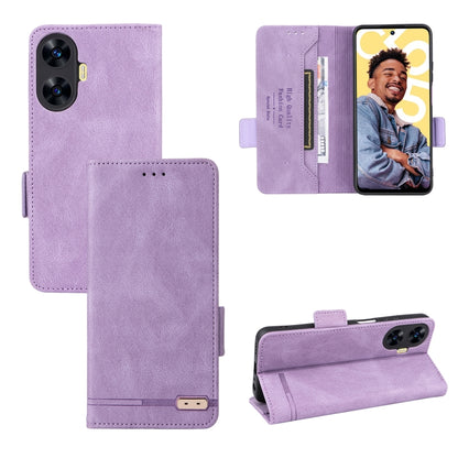 Purple leather phone case with magnetic clasp, flip cover, and camera cutout.