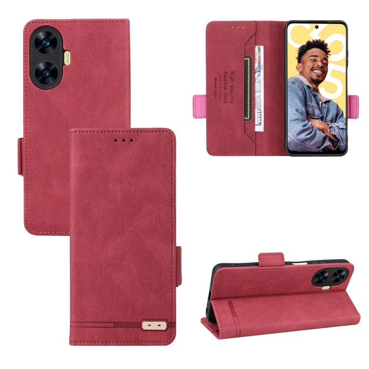 Red magnetic clasp leather phone case with flip cover, card slots, and stand