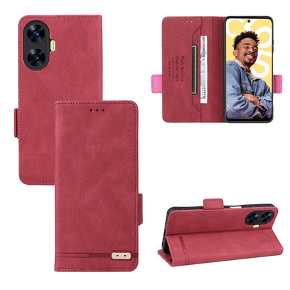 Red magnetic clasp leather phone case with flip cover, card slots, and stand