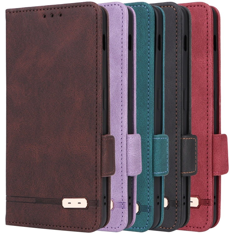 Leather flip phone cases in multiple colors: brown, purple, teal, green, red