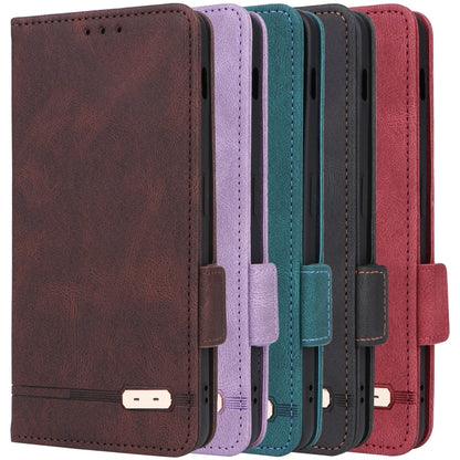 Leather flip phone cases in multiple colors: brown, purple, teal, green, red