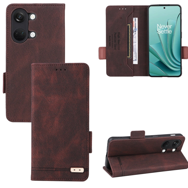 Brown leather magnetic clasp phone case with card slots and dual camera opening.