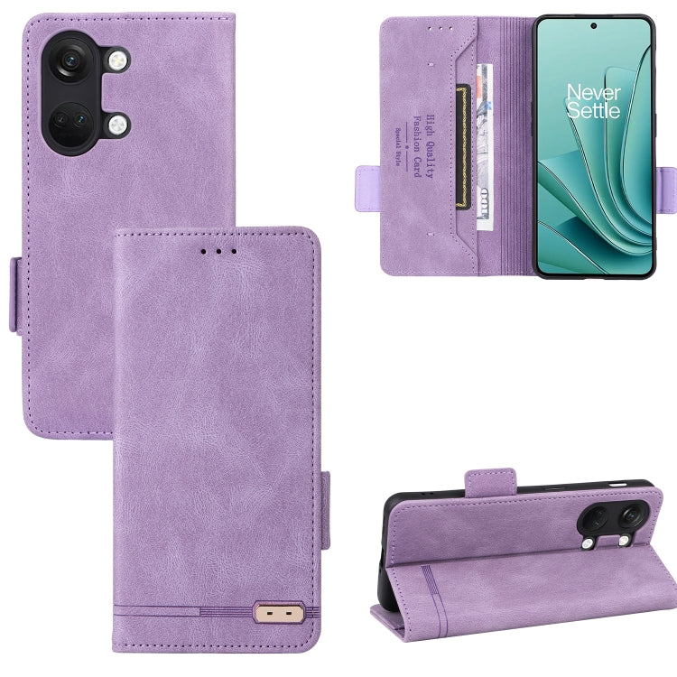 Purple leather magnetic clasp phone case with flip cover, card slot pocket, and camera cutout.