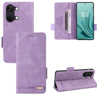 Purple leather magnetic clasp phone case with flip cover, card slot pocket, and camera cutout.