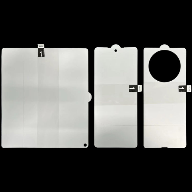 Foldable phone screen protector film set with cutouts, transparent pieces for front and back