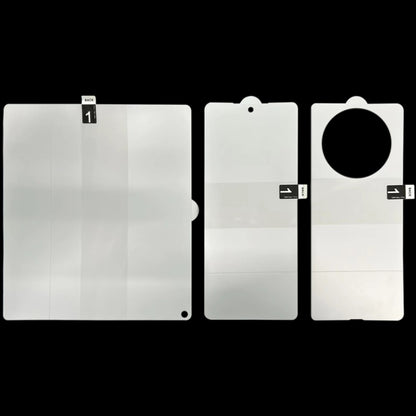 Foldable phone screen protector film set with cutouts, transparent pieces for front and back