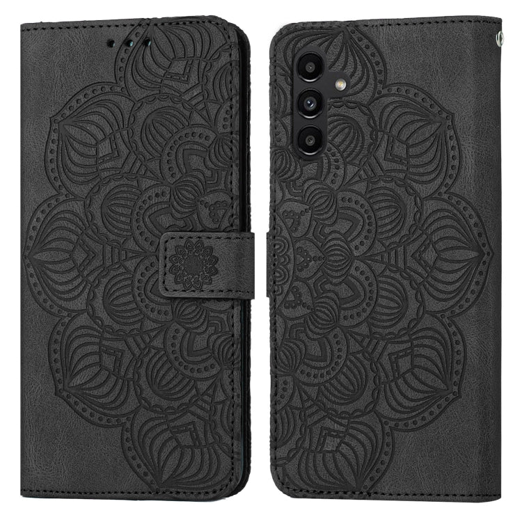 Black mandala embossed flip leather phone case with front magnetic clasp