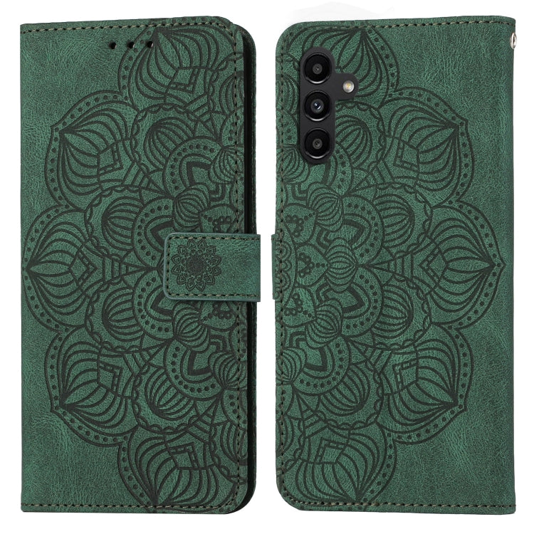 Green mandala embossed flip leather phone case with front magnetic clasp