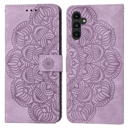 Purple mandala embossed flip leather phone case with front magnetic clasp