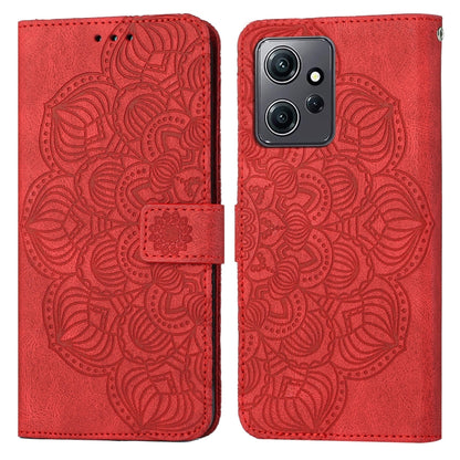 Red mandala embossed flip leather phone case with magnetic strap and dual camera cutout