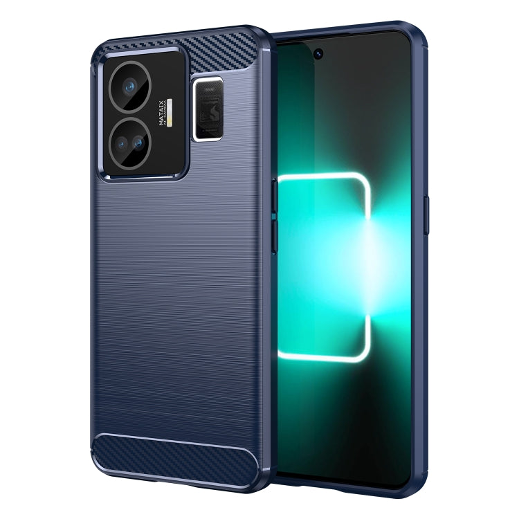 Blue brushed TPU phone case with carbon fiber-style top, dual camera cutouts, raised edges.