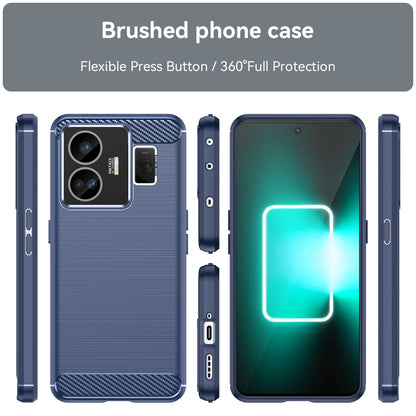Blue brushed TPU phone case showing front, back, and side buttons with camera and port cutouts.