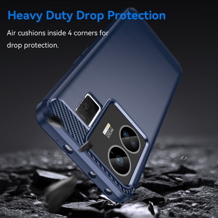 Blue rugged TPU phone case with carbon fiber-style trim and dual camera cover, angled view.
