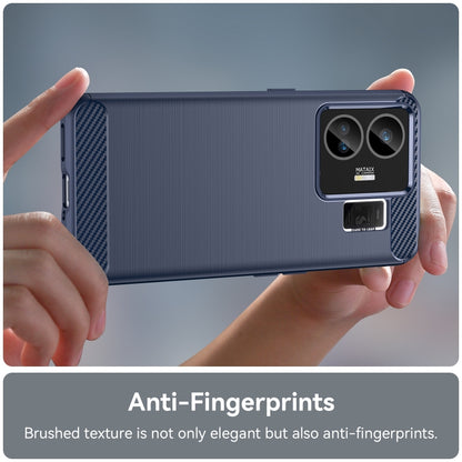 Blue brushed TPU phone case in hand, showing back camera module cutouts and side button openings.