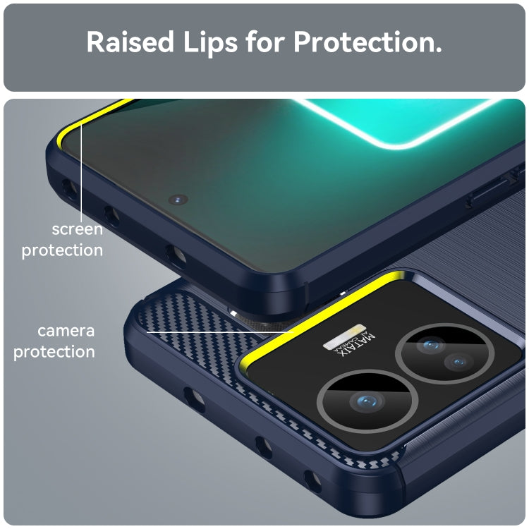 Blue TPU phone case corner with raised screen and camera protection, brushed finish.