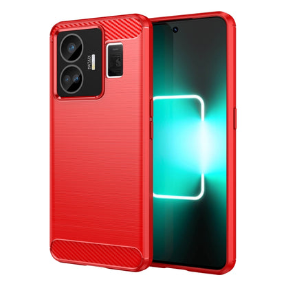 Red brushed TPU phone case with carbon fiber-style top, dual camera cutouts, raised edges.