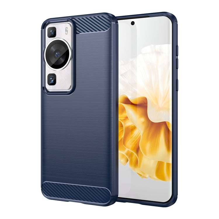 Blue brushed TPU phone case with carbon fiber top, covers phone back and edges