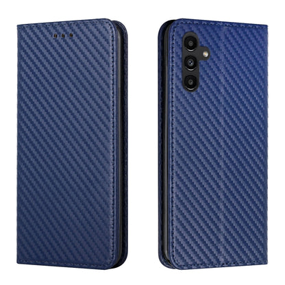 Blue carbon-fiber textured flip phone case with stitched edges, open and closed