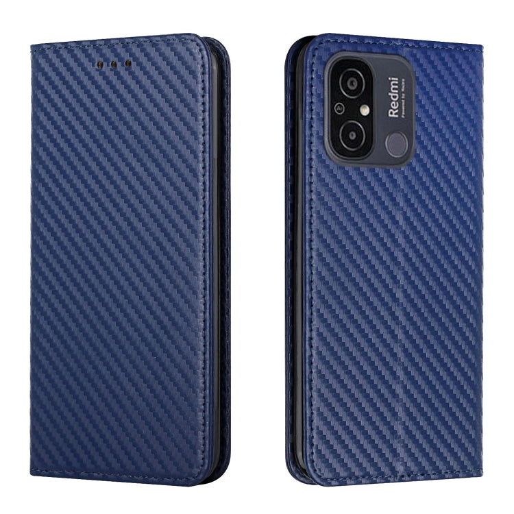 Blue magnetic flip leather phone case with carbon fiber texture; front cover and rear camera cutout.