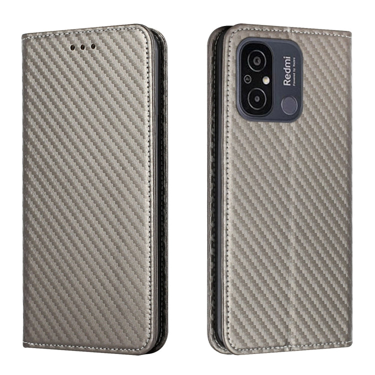 Grey magnetic flip leather phone case with carbon fiber texture; front cover and rear camera cutout.