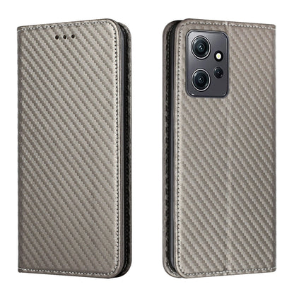 Grey magnetic flip leather phone case with carbon fiber texture; closed cover and back camera openings.