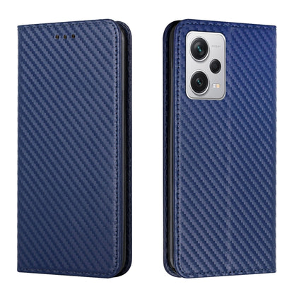Blue carbon fiber texture magnetic flip leather phone case with dual-camera cutout