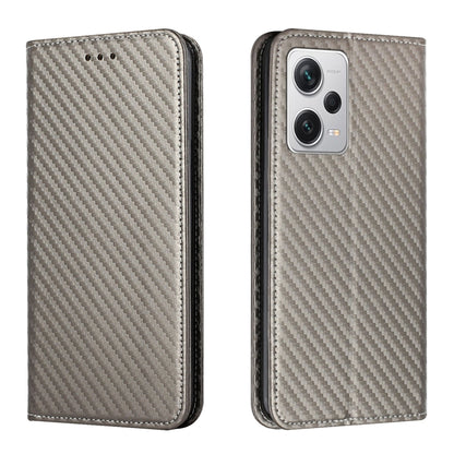 Grey carbon fiber texture magnetic flip leather phone case with dual-camera cutout